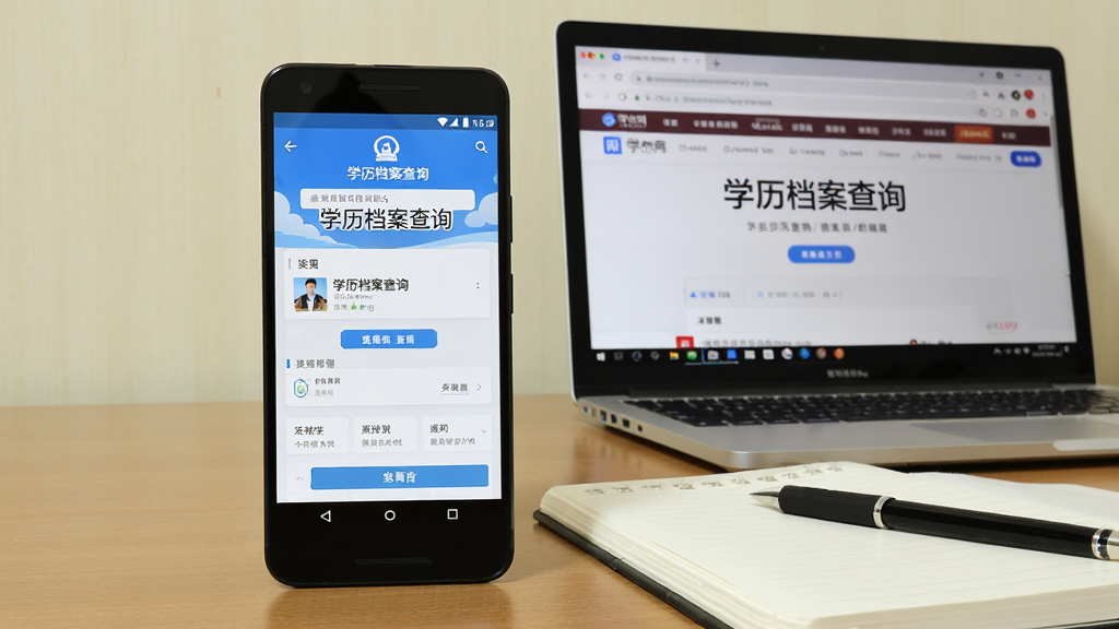 一部安卓手机和一台笔记本电脑并排放在桌面上,手机屏幕显示学历档案查询应用的首页,电脑屏幕显示学信网网页,桌面上有一本笔记本和一支笔,背景为浅色墙面,整体风格办公实用,画质清晰,文字内容为“学历档案查询”,干净无多余元素