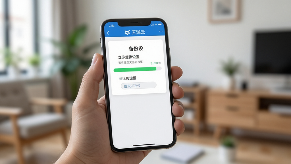 天鸿云移动端使用操作示意图,画面中一只手握着手机,手机屏幕上显示着天鸿云的文件上传进度条和备份设置界面,背景为模糊的室内环境,风格真实自然,布局聚焦手机屏幕,细节清晰,画质干净无多余元素