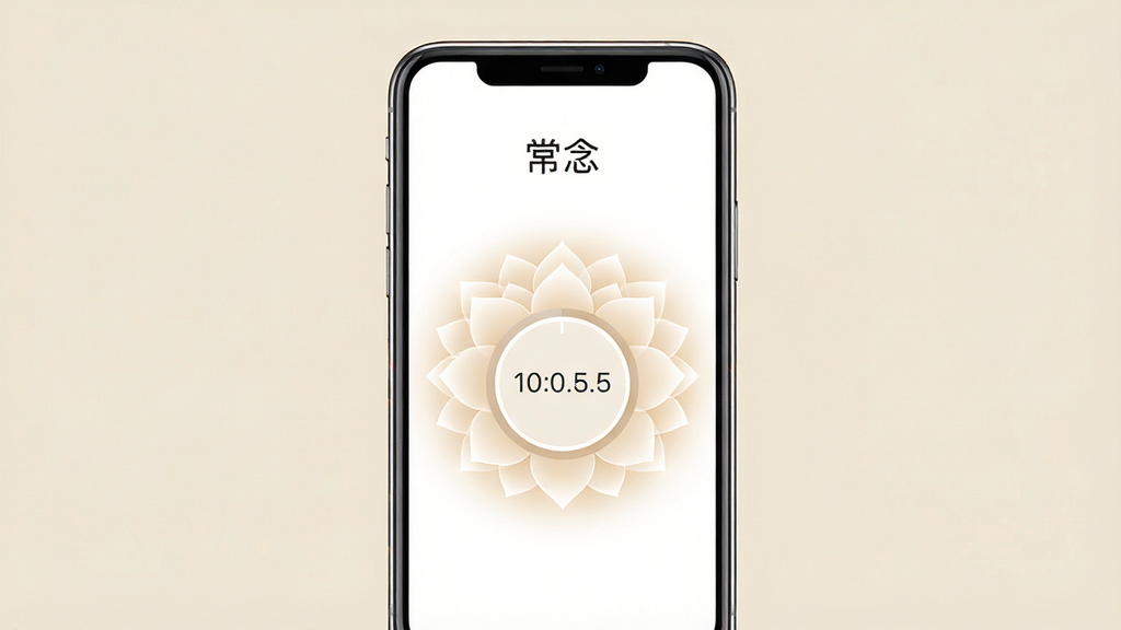 一张展示常念软件界面的手机样机图,主体为一部竖屏智能手机,屏幕内显示常念APP主界面,界面中央有圆形计数器,周围环绕莲花图案与柔和光晕,布局简洁居中,上方有软件名称常念字样,排版采用留白设计,风格为现代简约禅意风,细节上手机边缘有微光倒影,背景为淡雅的米白色,画质高清,干净,无多余元素