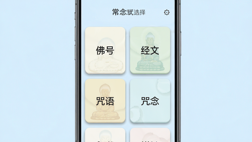 一张展示常念软件诵念模式选择界面的手机截图样机,主体为一部手机,屏幕内显示多个诵念模式卡片,卡片上分别写有佛号、经文、咒语等字样,布局为两列网格排列,排版整齐,风格为清新浅色系,细节上卡片带有轻微阴影,背景为柔和的浅蓝色,画质清晰,干净,无多余元素