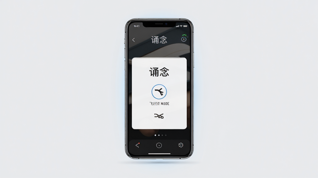 一张展示常念软件离线运行状态的手机样机图,主体为手机,屏幕内显示诵念界面与飞行模式图标,布局为居中,排版简约,风格为素雅极简风,细节上手机周围有轻微光晕,背景为淡灰色,画质高清,干净,无多余元素