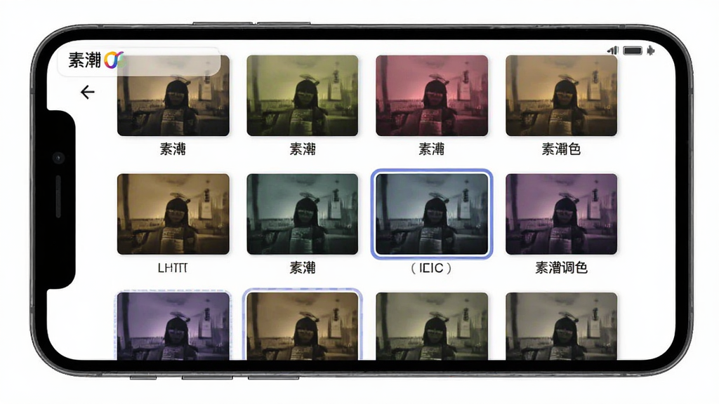 素漕调色包选择界面,主体为手机屏幕显示多种LUT滤镜缩略图,每张缩略图展示不同色调风格;布局为网格排列,缩略图整齐分布;排版采用两列或三列网格;风格为扁平化设计,色彩鲜明;细节包括