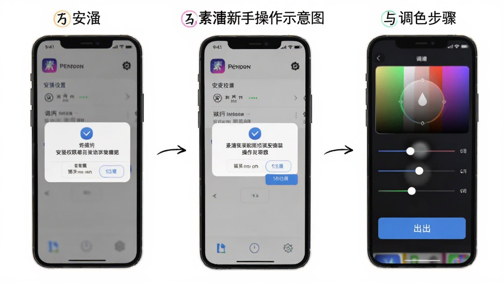 素漕新手操作示意图,主体为手机屏幕展示安装权限设置与调色操作步骤;布局为分步截图排列,每步配有简短文字说明;排版为纵向流程;风格为教程指引风;细节包括