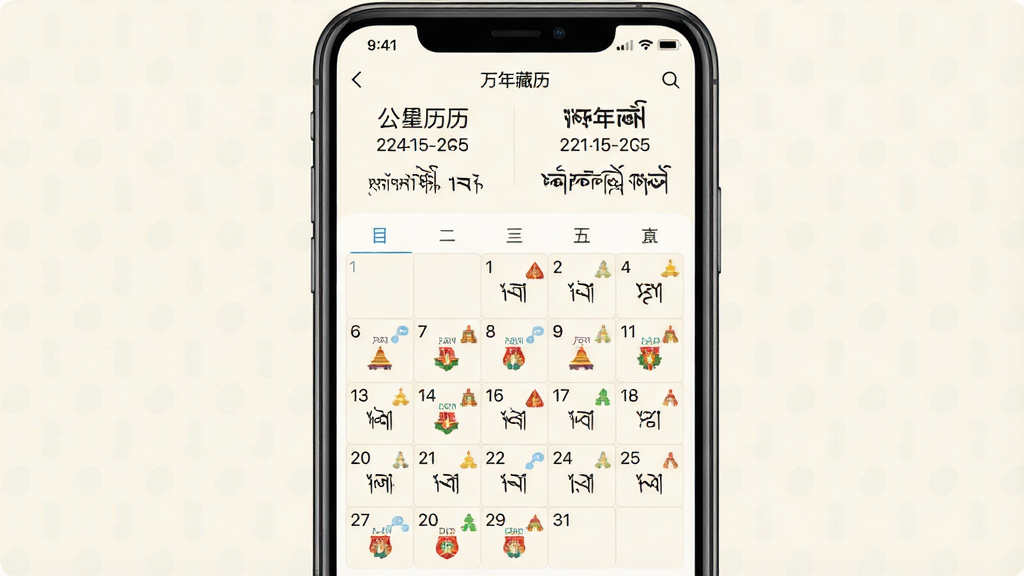 一张手机应用主界面截图,画面中央展示万年藏历App的日历主页面,上方显示公历与藏历对照日期,下方排列当月日历网格,每个日期格子内标注有藏历数字和特殊节日小图标,背景为柔和的米白色,整体风格简洁清新,画质清晰干净,无多余元素