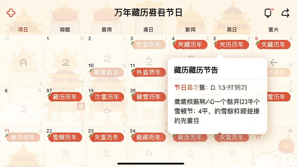 一张万年藏历App节日提醒功能的界面截图,画面展示日历中多个节日以红色标签高亮显示,点击后弹出节日简介浮窗,包含藏历新年和雪顿节等名称,背景为暖白色调,排版清晰,风格温馨,画质干净,无多余元素