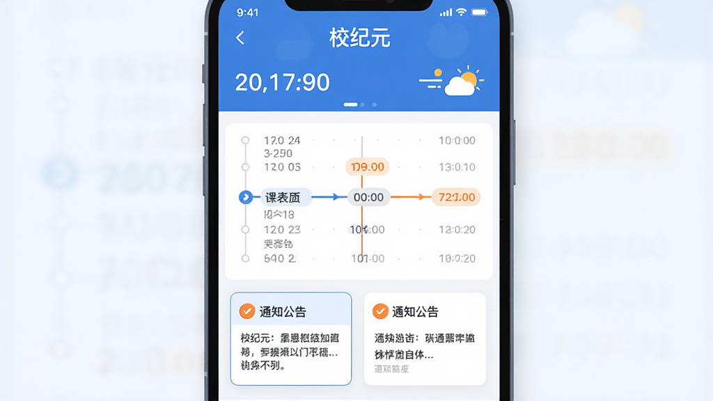 一张扁平化风格的界面示意图,画面主体为“校纪元”应用的信息聚合页面,页面上方是日期与天气,中部是课表时间轴,下方是通知公告卡片,配色以蓝白为主,点缀少量橙色强调重点,布局规整,风格清爽,画质清晰,无杂乱元素