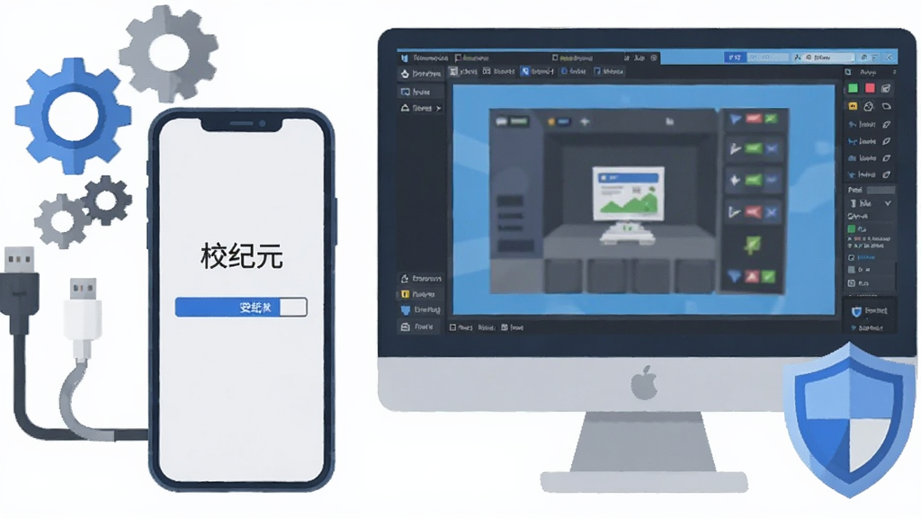 画面展示一部手机与一台电脑并排摆放,手机屏幕显示“校纪元”安装进度条,电脑屏幕显示模拟器运行界面,周围有数据线、齿轮、盾牌等元素,整体采用科技感扁平风格,配色为蓝灰与白色,排版左右均衡,细节清晰,画质干净,无多余元素
