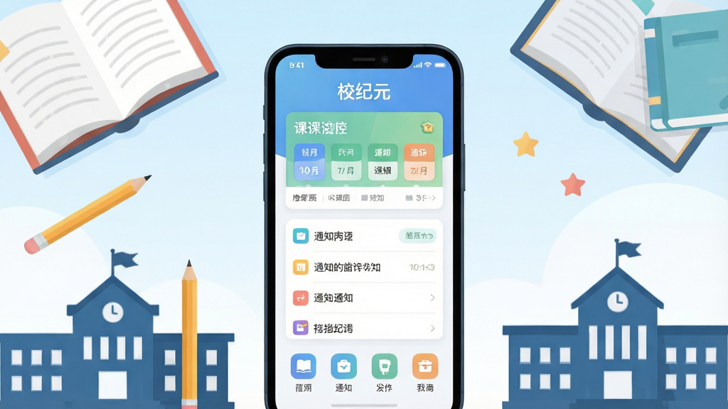 画面中央放置一部智能手机,手机屏幕上显示“校纪元”应用主界面,界面包含课表卡片、通知列表与功能图标,手机周围环绕书本、铅笔、校园建筑剪影等元素,整体采用扁平插画风格,背景为浅蓝与白色渐变,排版简洁清晰,细节干净利落,画质高清,无多余元素