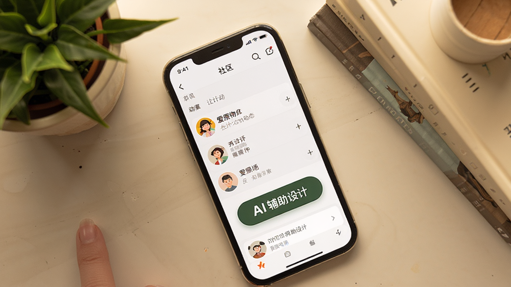 画面主体为“爱原物”APP的社区界面,屏幕上显示着设计师动态和AI辅助设计按钮。手机放置在一个带有绿植和书籍的桌面上。布局为俯视角度,背景温馨。风格为温暖生活风,细节上社区头像生动,AI按钮醒目,画质清晰,画面干净,无多余元素。