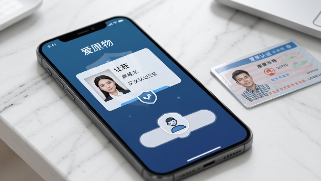 画面主体为“爱原物”APP的实名认证界面,屏幕上显示着身份证上传框和人脸识别按钮。手机被放置在桌面上,旁边有一张身份证。布局为特写,背景简洁。风格为安全严谨风,细节上认证图标清晰,有盾牌元素,画质高清,干净无杂物。
