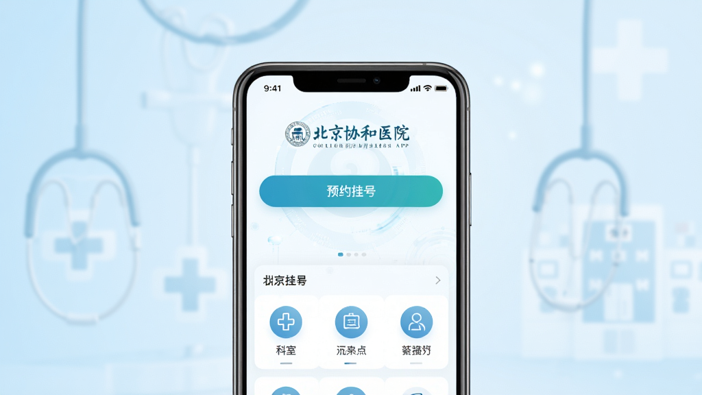 主体为一部智能手机屏幕展示北京协和医院APP首页界面,布局为手机居中放置,背景为干净的浅蓝色渐变医疗风格,排版为竖版海报构图,风格为现代简约医疗科技风,细节包括手机屏幕显示“北京协和医院”文字、预约挂号按钮、科室导航图标,画质高清,干净,无多余元素