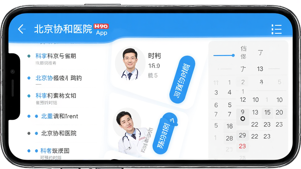 主体为手机屏幕展示北京协和医院APP预约挂号页面,布局为手机界面截图居中,排版为横向展示,风格为清新医疗蓝白配色,细节包括科室列表、医生头像、可预约时段按钮、日历选择器,画质高清,干净,无多余元素