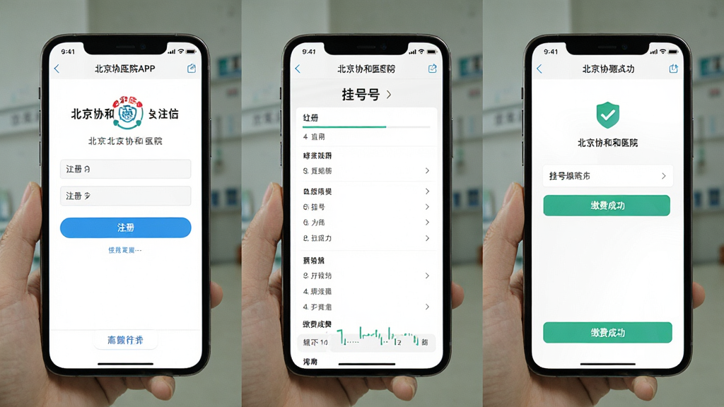 主体为手机屏幕展示北京协和医院APP使用教程截图,布局为多步骤操作界面拼图,排版为横向排列三张手机截图,风格为明亮清晰的教程风格,细节包括注册页面、挂号页面、缴费成功页面,画质高清,干净,无多余元素