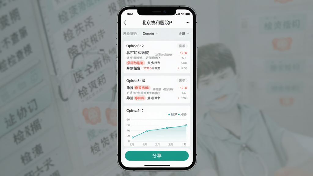 主体为手机屏幕展示北京协和医院APP检查报告查询界面,布局为手机居中,排版为竖版,风格为简洁白色医疗风格,细节包括报告列表、异常指标红色标注、趋势图表、分享按钮,画质高清,干净,无多余元素