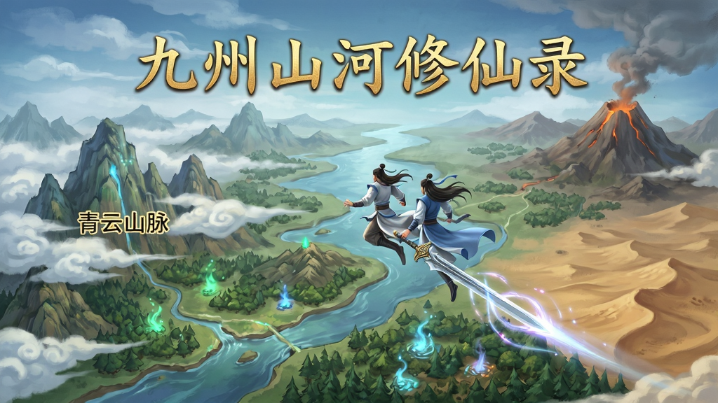 画面展示九州山河修仙录的开放世界大地图,主体为一位修士御剑飞行于群山之上,下方是河流与森林交织的广阔地貌,布局采用俯瞰视角,左侧标注“青云山脉”区域,右侧远处有火山与沙漠,排版上天空留出空间用金色楷体写“九州山河修仙录”字样,风格为仙侠国风插画,细节包括飞剑拖尾光效、云层层次、地面灵光点缀,画质精细,干净无多余元素。
