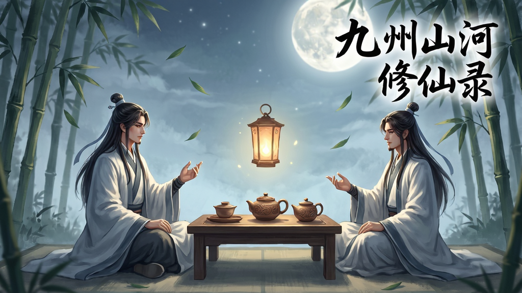 九州山河修仙录社交场景图,画面为两位身着古装的修士在月下竹林中对坐论道,布局采用对称式,中间有茶案与漂浮的灵灯,排版右上角用行书体写“九州山河修仙录”,风格为唯美仙侠风,细节包括竹叶飘落、月光光晕、茶具纹理,画质细腻,干净无多余元素。
