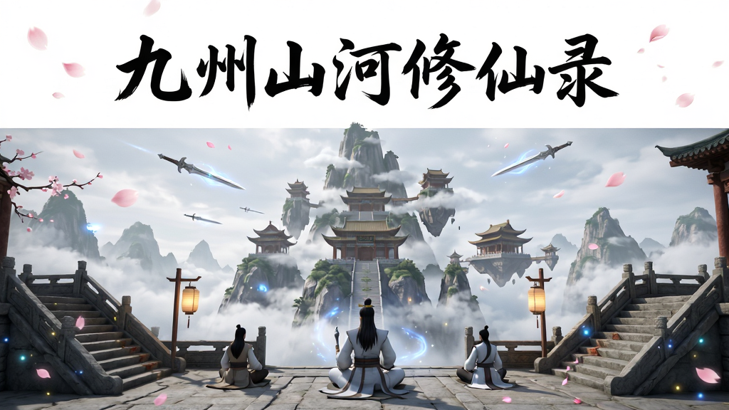 一款名为九州山河修仙录的东方玄幻修仙手游主界面全景图,画面中央为巍峨的仙山与漂浮的宫殿,山间云雾缭绕,远处有飞剑划过天际,近处有身着道袍的修士打坐,布局采用中心对称构图,上方留白处用毛笔书法体书写“九州山河修仙录”六个大字,风格为水墨国风与3D渲染结合,细节包含飘落的花瓣、灵光粒子、古朴的石阶与灯笼,画质高清,画面干净,无多余元素,无杂乱文字。