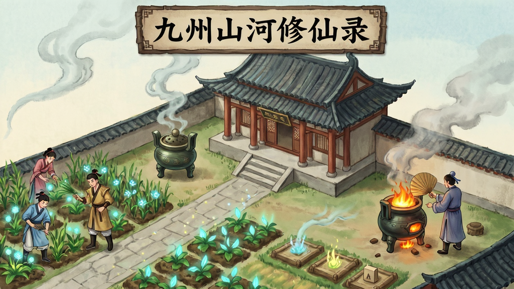 九州山河修仙录宗门场景图,画面中心为一座中式古典仙门建筑群,包含大殿、炼丹炉、灵田与修炼场,布局采用斜45度俯视,左侧有弟子在灵田劳作,右侧有炼丹师在炉前扇火,排版上方用隶书体写“九州山河修仙录”作为匾额样式,风格为工笔国风,细节包含香炉青烟、灵田发光作物、弟子服饰纹理,画质清晰,画面干净。