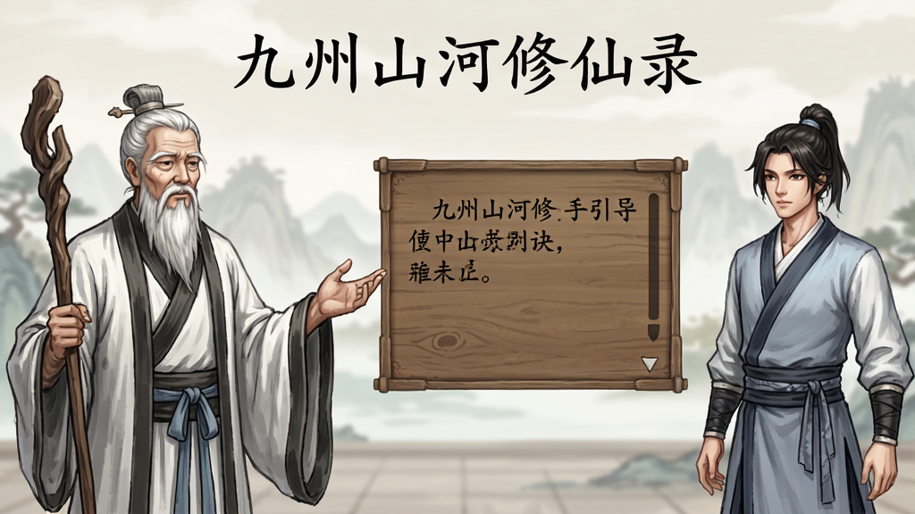 九州山河修仙录新手引导界面截图,画面为一位仙风道骨的老者向玩家角色讲解修炼要诀,布局左侧为老者,右侧为玩家角色,中间有文字对话框,排版上方用楷体写“九州山河修仙录”标题,风格为古风教学场景,细节包含老者胡须、道袍褶皱、对话框木质纹理,画质清晰,画面干净无杂乱元素。