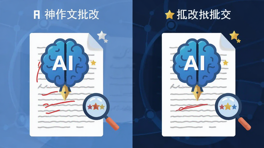 一幅AI智能批改作文的概念图,主体为笔神作文批改的AI大脑图标与作文纸张结合,布局为左右对比,左侧是原始作文右侧是批改后效果,排版整齐,风格为扁平化科技插画,细节包含红色批改笔迹、放大镜、星星评分,画质高清,干净,无多余元素