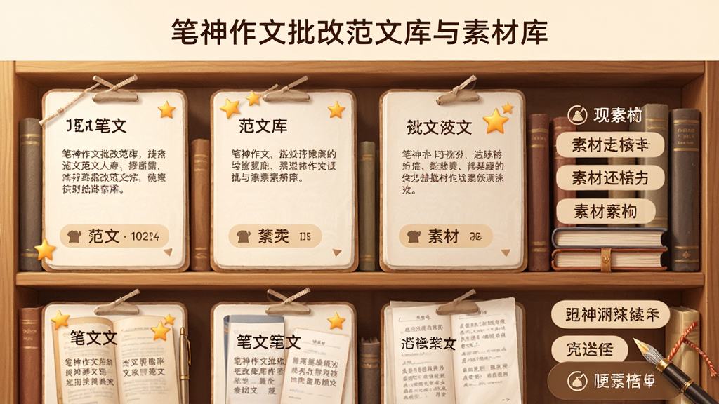 一幅展示笔神作文批改范文库与素材库的界面图,主体为书架式排列的范文卡片与素材标签,布局为网格状,排版清晰,风格为温暖学术风,细节包含书本文具、星星标记、分类标签,画质高清,干净,无多余元素