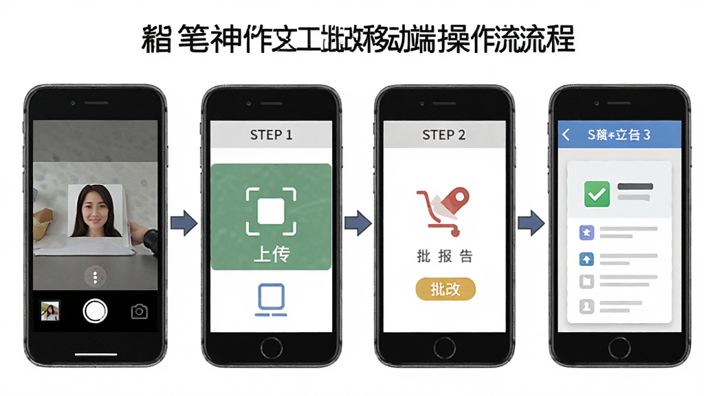 一张展示笔神作文批改移动端操作流程的示意图,主体为手机屏幕显示拍照、上传、批改、报告四个步骤,布局为横向流程排列,排版直观,风格为扁平化图标设计,细节包含箭头指引、步骤编号、手机边框,画质高清,干净,无多余元素