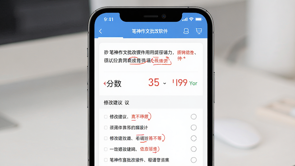 一张展示笔神作文批改软件界面的图片,主体为手机屏幕显示作文批改报告,布局为居中展示,排版简洁清晰,风格为现代教育科技风,细节包含红色批注、分数显示、修改建议列表,画质高清,干净,无多余元素