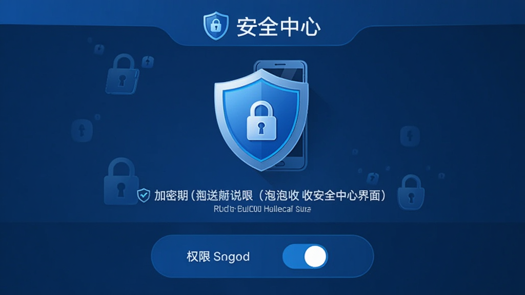 泡泡收 安全中心界面 主体为盾牌图标与手机结合 布局居中 上部为安全标识 中部为加密说明 下部为权限开关 排版对称 风格科技蓝 细节包含锁形图案和文字标签 画质清晰 干净 无多余元素