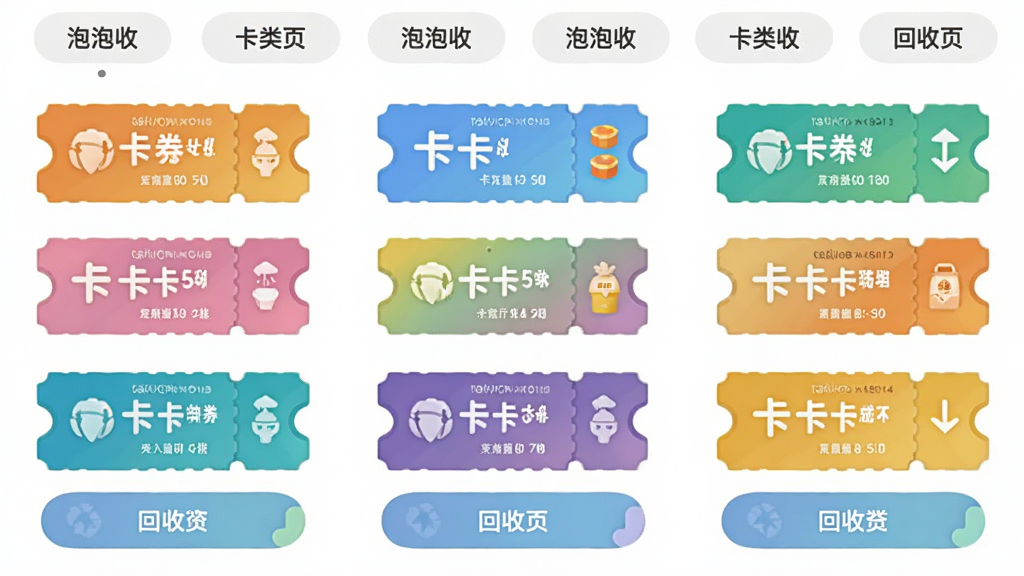 泡泡收 卡券分类展示页 主体为网格状图标排列 布局每行三个 上部为分类标签 中部为卡券图标 下部为回收按钮 排版整齐 风格柔和圆角 细节包含不同颜色卡券标识 画质高清 干净 无多余元素