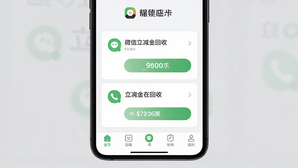 泡泡收 手机应用主界面 展示微信立减金回收卡片列表 布局为上下结构 顶部品牌标识 中部功能入口 底部导航栏 排版简洁清晰 风格现代扁平化 细节包含回收按钮和金额数字 画质高清 干净 无多余元素
