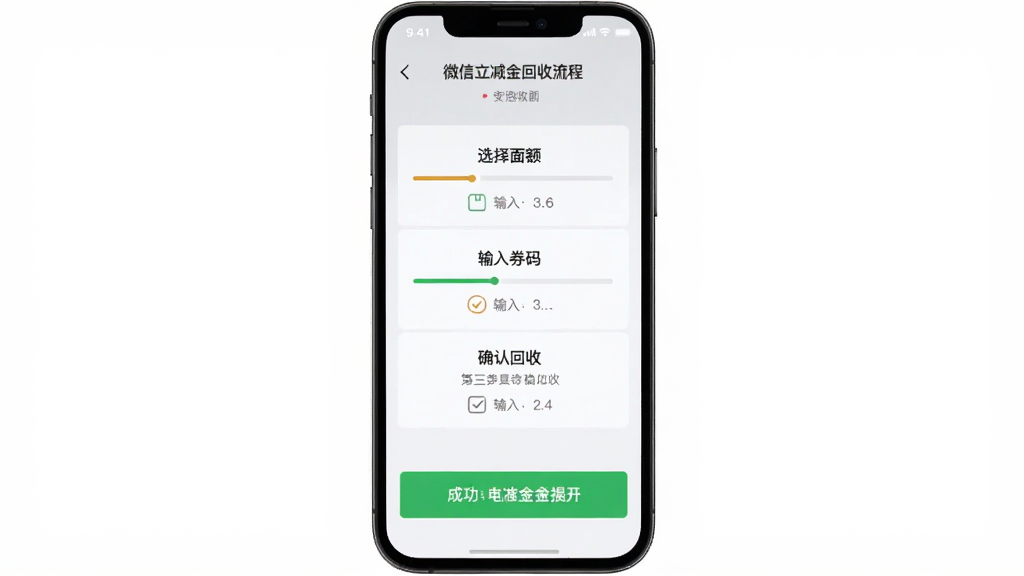 泡泡收 微信立减金回收流程界面 主体为手机屏幕 布局分步骤展示 第一步选择面额 第二步输入券码 第三步确认回收 排版纵向排列 风格简约商务 细节包含进度条和成功提示 画质清晰 干净 无多余元素
