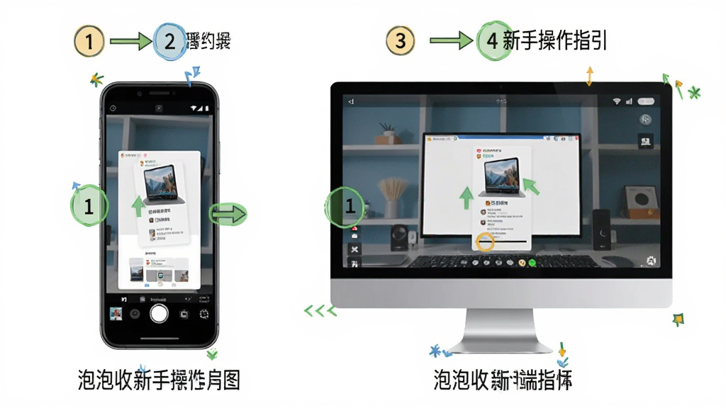 泡泡收 新手操作指引图 主体为手机与电脑双端展示 布局左侧手机右侧电脑 上部为步骤序号 中部为操作截图 下部为提示文字 排版对比清晰 风格教程图解 细节包含箭头指示和重点标注 画质高清 干净 无多余元素
