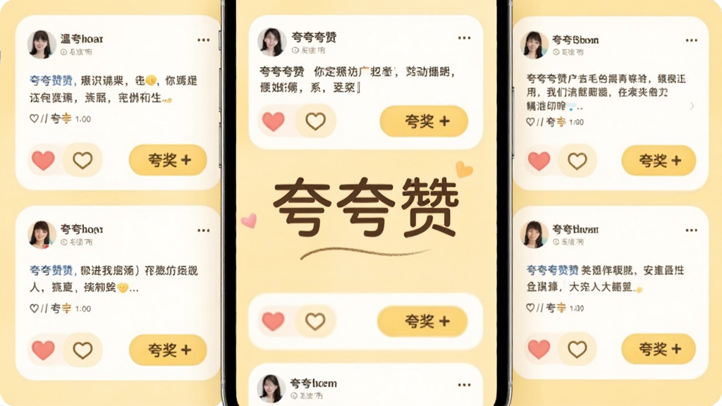 夸夸赞软件主界面展示,手机屏幕中显示温暖的社区动态流,每条动态下方带有爱心和夸奖按钮,背景为柔和的暖黄色调,画面中央有