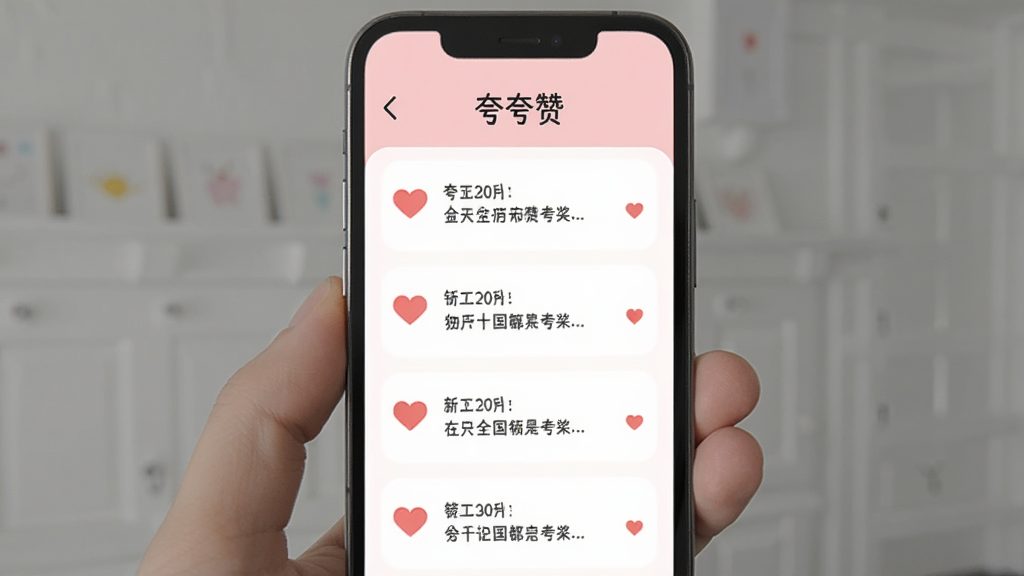 夸夸赞个人夸夸档案页面,手机屏幕展示用户收到的赞美记录列表,每条记录带有红色爱心和夸奖文字,顶部有