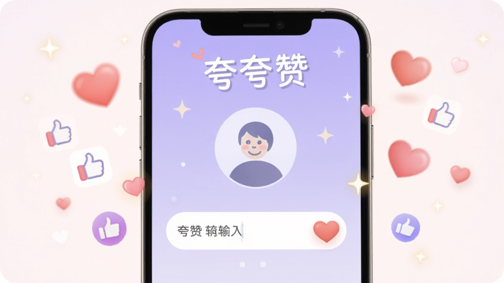夸夸赞匿名夸夸功能界面,手机屏幕显示一个匿名头像和夸赞输入框,周围环绕着漂浮的爱心和点赞图标,背景为淡紫色渐变,画面中有