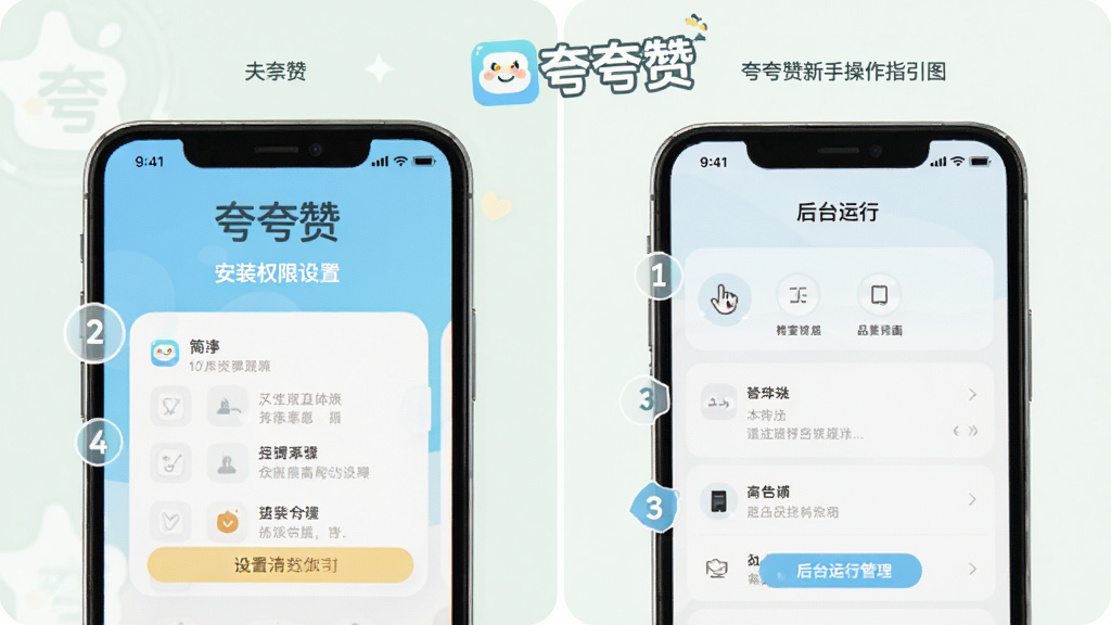 夸夸赞新手操作指引图,手机屏幕展示安装权限设置步骤和后台运行管理界面,画面中有