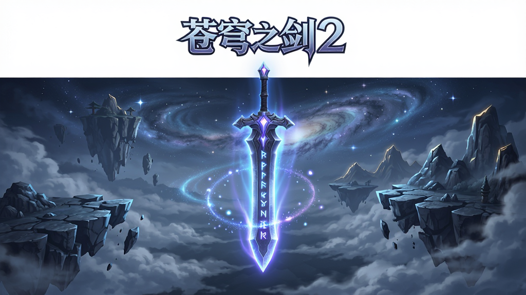 主体是“苍穹之剑2”游戏主界面全景,布局采用中心对称构图,中央悬浮一把散发蓝紫色光芒的巨剑,剑身刻有古老符文,背景是破碎的悬浮岛屿与流动的星河,排版上方留白处显示游戏Logo“苍穹之剑2”,风格为东方玄幻3D渲染,细节包括剑刃上的光晕粒子、远处山峦的轮廓光、云层翻涌的动态感,画质4K超清,干净无多余元素,整体色调冷峻神秘