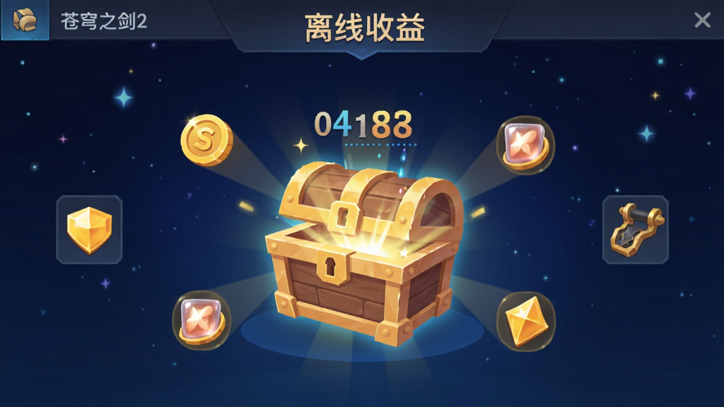 主体是“苍穹之剑2”游戏中的挂机收益结算界面,布局为竖版手机屏幕比例,中央显示一个宝箱开启动画,周围环绕金币、经验丹、装备图标,排版上方标题“离线收益”,风格为扁平化游戏UI设计,细节包括宝箱光芒、数字跳动特效、背景为深蓝色星空,画质高清,干净无多余元素