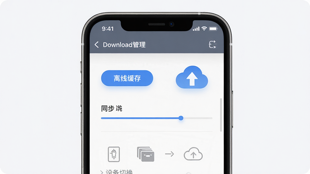 学位英语题库帮离线刷题与同步功能展示,主体为手机屏幕中的下载管理界面与云同步图标,布局为左右分栏,排版直观,风格科技简约,细节包含离线缓存按钮、同步进度条、设备切换示意,画质高清,干净,无多余元素