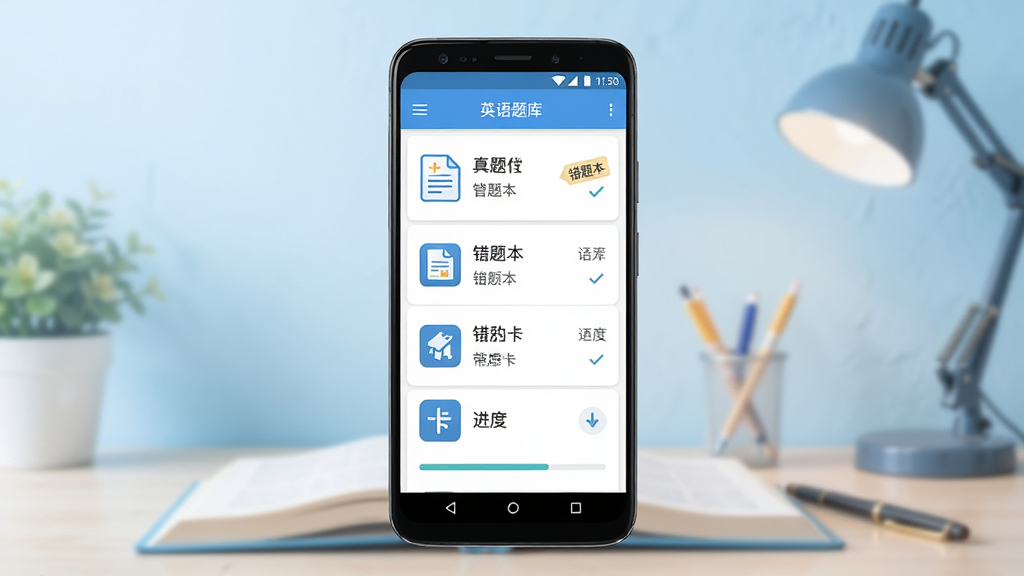 学位英语题库帮手机应用界面展示,主体为一部竖屏安卓手机,屏幕中显示刷题列表与答题卡,布局居中,背景为浅蓝渐变学习场景,风格清爽教育类,细节包含真题试卷图标、错题本标签、进度条,画质高清,干净,无多余元素