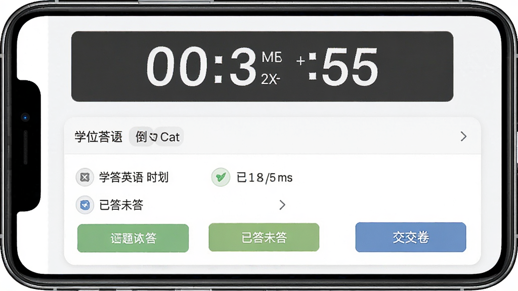学位英语题库帮模拟考试界面展示,主体为手机屏幕中的考试倒计时与答题卡,布局为顶部计时器加底部答题卡,排版紧凑,风格考试系统风,细节包含剩余时间数字、已答未答标识、交卷按钮,画质高清,干净,无多余元素