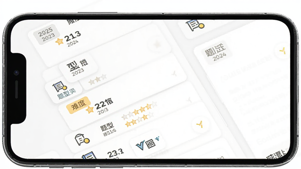 学位英语题库帮真题题库页面展示,主体为手机屏幕中的题库分类列表,布局为上下滑动卡片式,排版清晰,风格简约教育风,细节包含年份标签、题型图标、难度星级,画质高清,干净,无多余元素