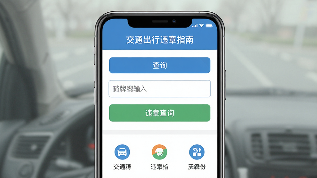 主体为手机屏幕展示交通出行违章指南应用主界面,布局采用手机正面居中展示,排版上界面元素清晰可见包括查询按钮和功能菜单,风格为扁平化UI设计风,细节包括车牌输入框、违章查询按钮、功能图标,画质高清干净无多余元素,画面中文字标注“交通出行违章指南”