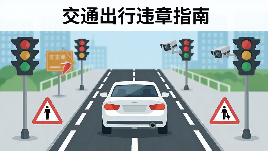 主体为一辆白色轿车行驶在城市道路上的场景,布局采用居中构图,轿车位于画面中央,四周环绕着交通信号灯、路牌和违章提示图标,排版上顶部预留标题区域,风格为扁平化插画风,细节包括道路标线、红绿灯、摄像头等元素,画质高清干净无多余元素,画面中文字标注“交通出行违章指南”