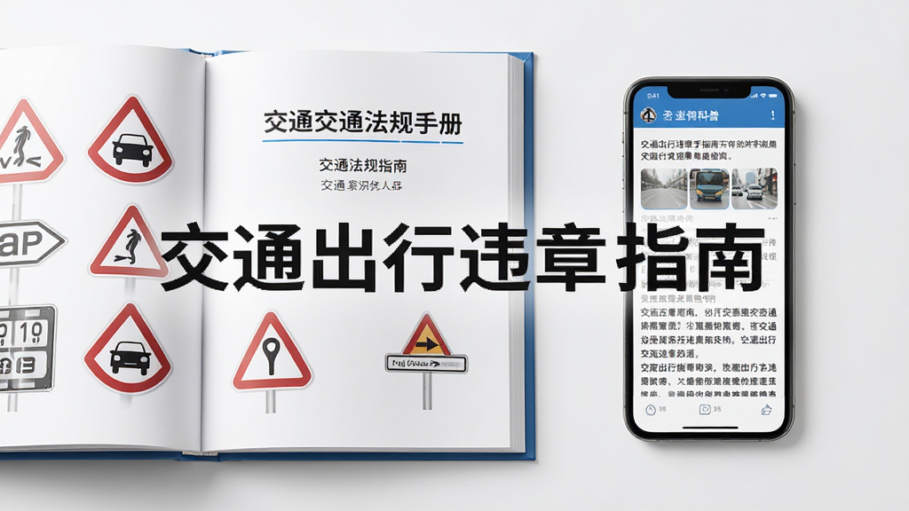 主体为一本翻开的交通法规手册与手机并排放置,布局采用左右对称构图,排版上左侧为手册右侧为手机,风格为简约商务风,细节包括书页上的交通标志图案、手机屏幕上的科普文章,画质高清干净无多余元素,画面中文字标注“交通出行违章指南”