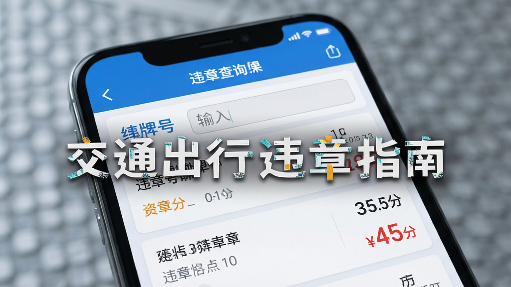 主体为一部智能手机屏幕显示违章查询结果列表,布局采用手机居中特写,排版上屏幕内容占据画面主体,风格为写实科技风,细节包括车牌号输入框、违章条目、扣分标识和罚款金额,画质高清干净无多余元素,画面中文字标注“交通出行违章指南”
