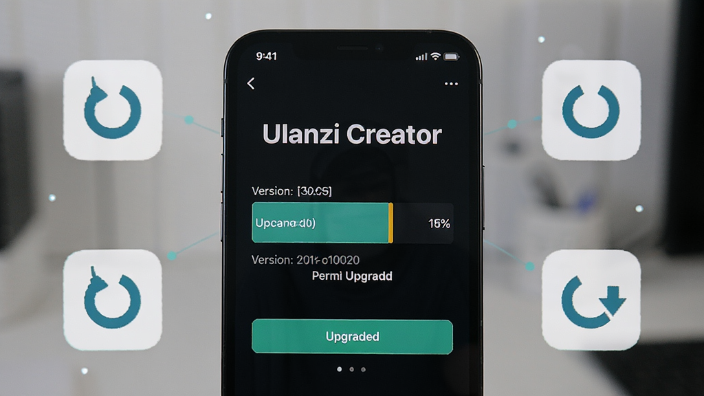 一张展示Ulanzi Creator固件升级界面的场景图,主体为手机屏幕显示升级进度条与版本信息,布局为手机居中、升级图标环绕,排版突出