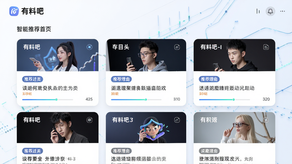 在明亮简洁的界面中,“有料吧”的智能推荐首页以卡片流形式展示不同兴趣频道,每张卡片上有分类标签和推荐理由,背景有淡淡的科技感数据线条,排版整齐,风格现代清新,细节突出个性化图标与阅读进度条,画质干净清晰,无杂乱元素