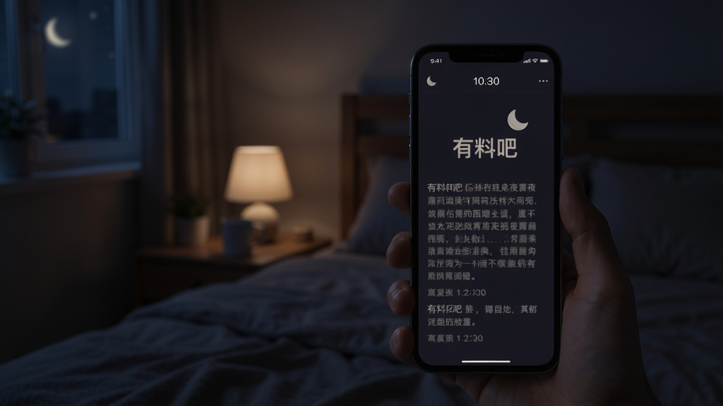 夜晚场景中,手机屏幕上显示“有料吧”的夜间模式阅读界面,深色背景搭配柔和文字,页面顶部有月亮图标与时间显示,周围环境为暗色卧室氛围,排版简洁,风格安静舒适,画质干净,无刺眼亮光