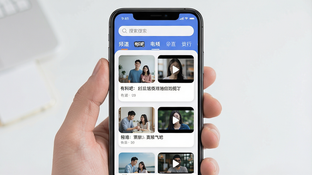 手机屏幕中展示“有料吧”应用主界面,顶部搜索栏与频道标签清晰可见,下方信息流卡片整齐排列,包含图文与短视频封面,整体布局为竖版移动端UI,风格清新简洁,细节上体现圆角卡片、柔和阴影与高对比度文字,画质清晰干净,无多余元素